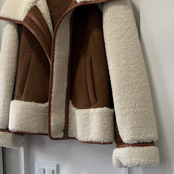LOFT Ivory Cream Sherpa & Brown Faux Suede Moto Zip Jacket Coat Size Medium - Picture 8 of 15